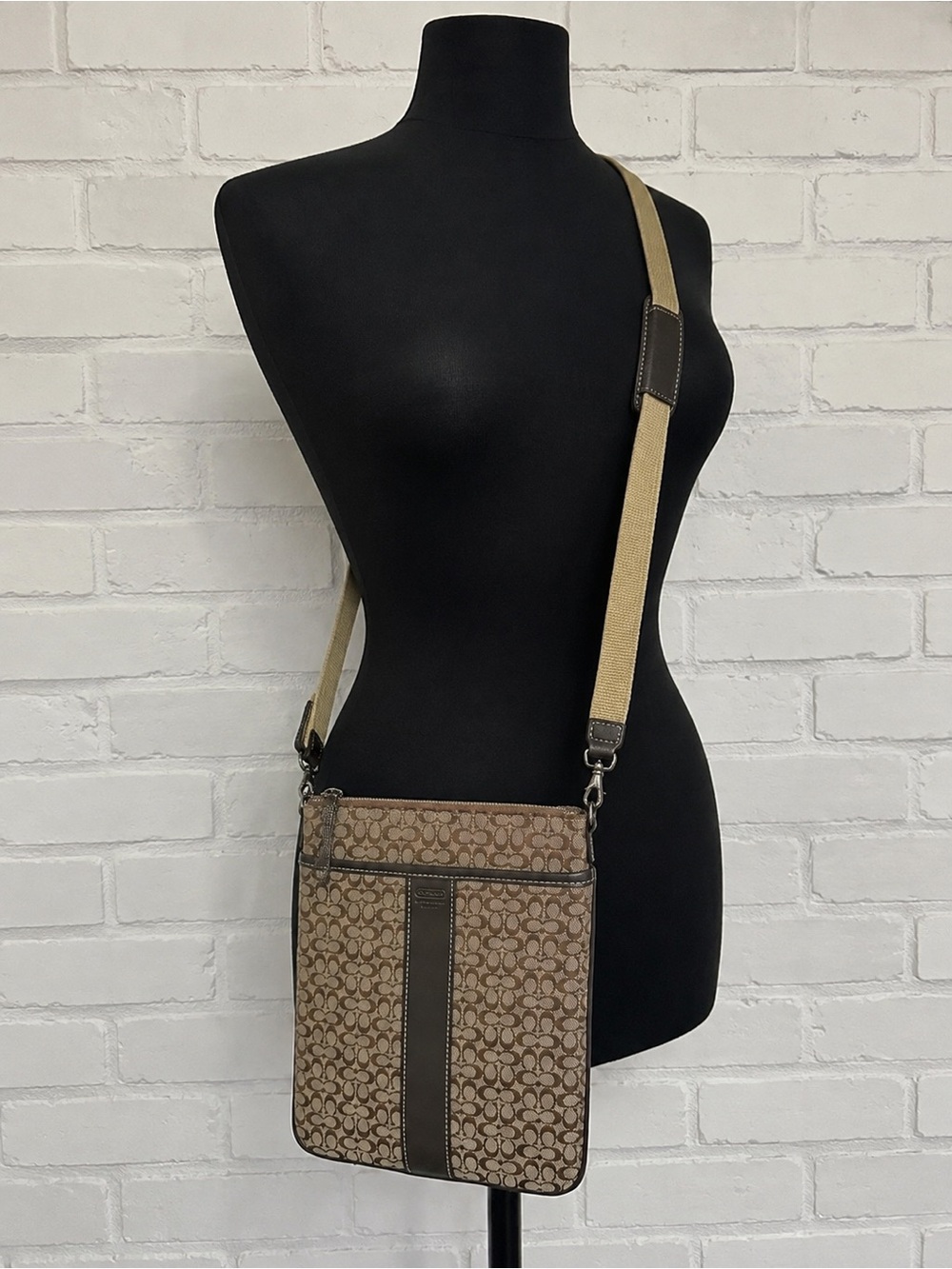 Coach Brown Signature Crossbody Messenger Bag with Tan Strap